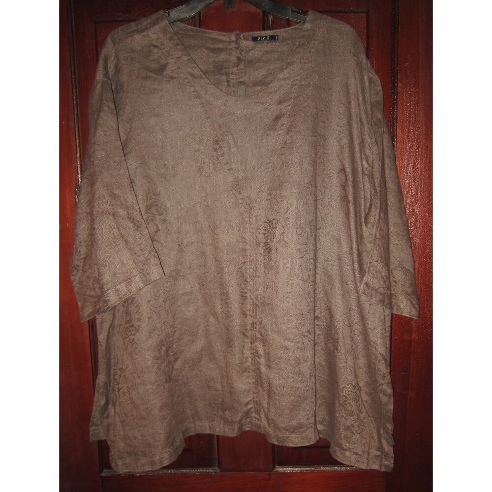 VIVID Plus 1X 100% Linen Top Blouse Shirt Floral Embroidered Brown Soft 3/4 Slv